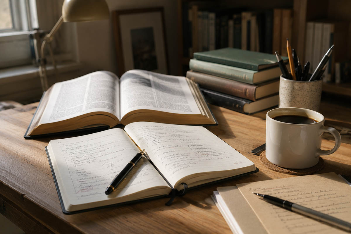 Escritorio de estudio con libros, cuadernos y café para aprender Lengua Castellana y Literatura.