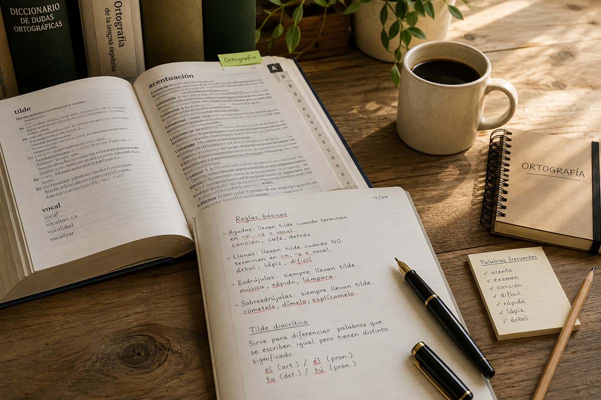 Cuaderno con reglas de ortografía, diccionario y material de estudio de Lengua Castellana.