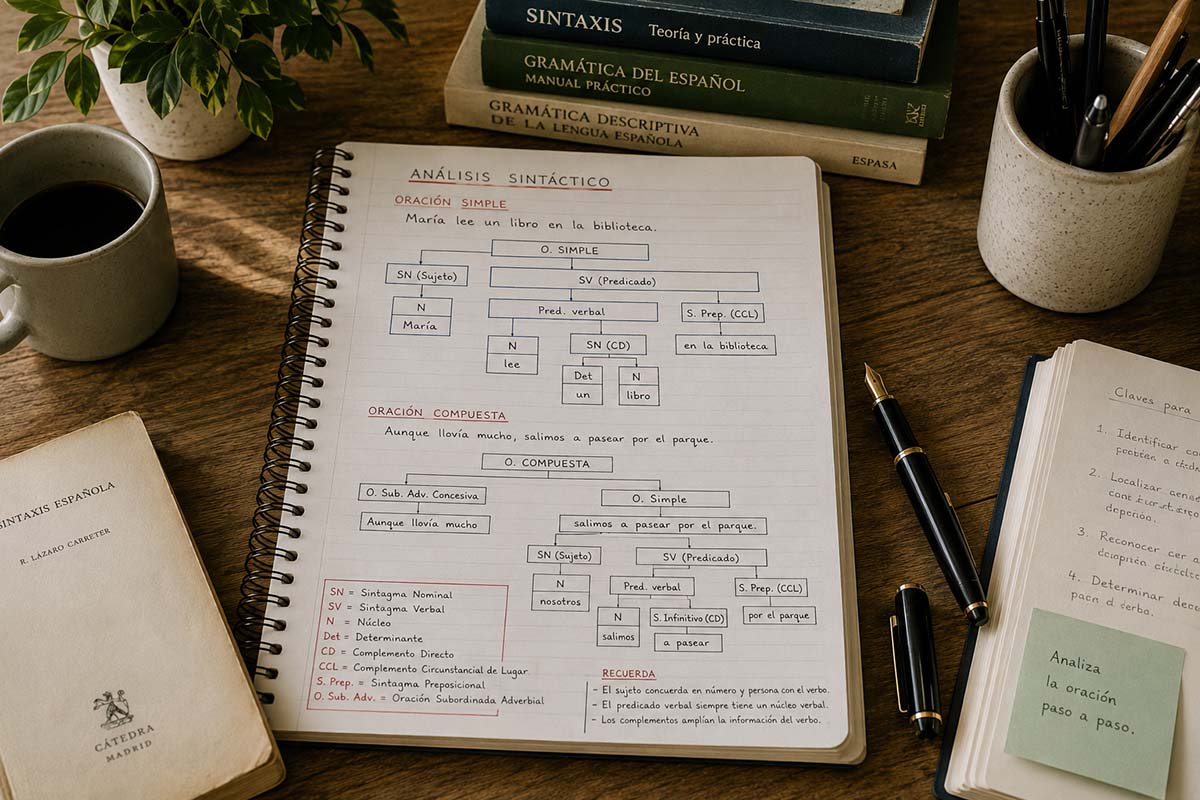 Cuaderno con análisis sintáctico mediante cajas y libros de gramática española.
