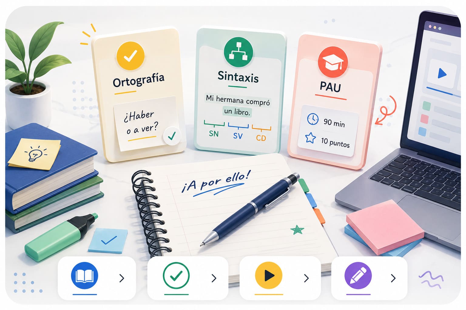 Escritorio de estudio con libros, cuadernos y café para aprender Lengua Castellana y Literatura.