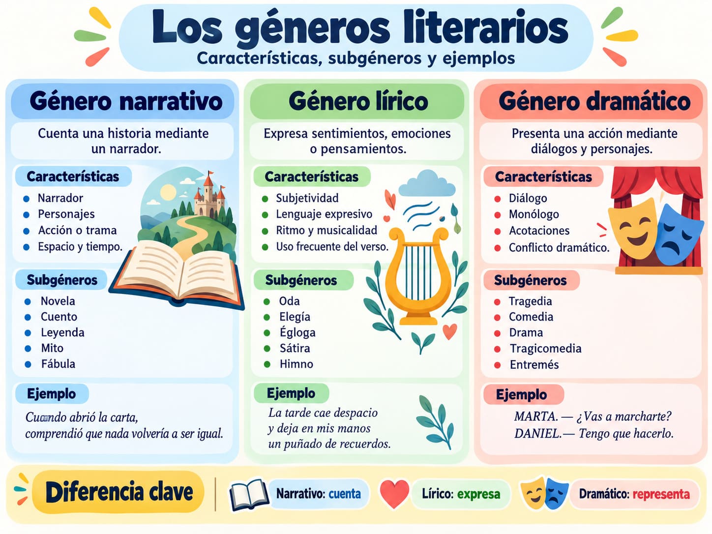 Infografía de los tres géneros literarios: narrativo, lírico y dramático, con sus características, principales subgéneros y ejemplos.